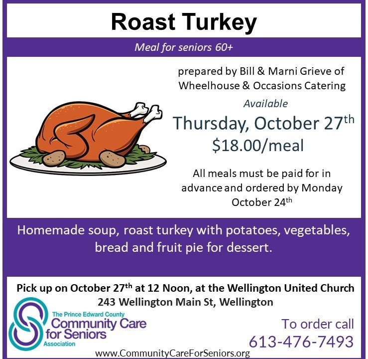 Roast Turkey curbside pick up meal for seniors on Thursday, October 27th, 2022