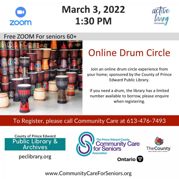 “Virtual Drum Circle” with Ruth Dwight, Drum Facilitator with The County of Prince Edward Public Library