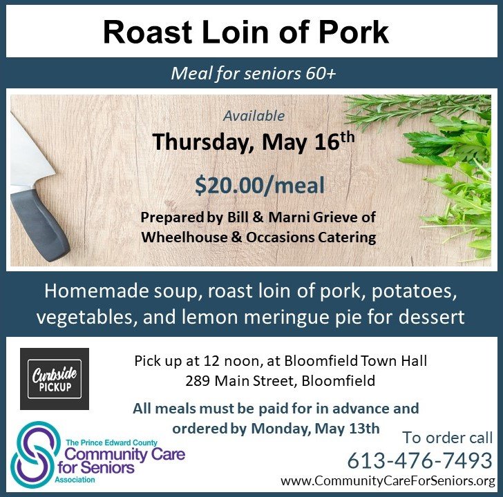Curbside pickup meal for seniors, May 16th, 2024 – pick up in Bloomfield
