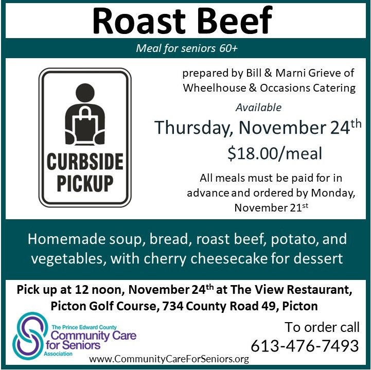 Roast Beef curbside pick up meal for seniors on Thursday, November 24th, 2022