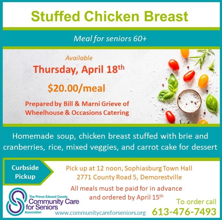 Curbside pickup meal for seniors, April 18th, 2024 – pick up in Demorestville