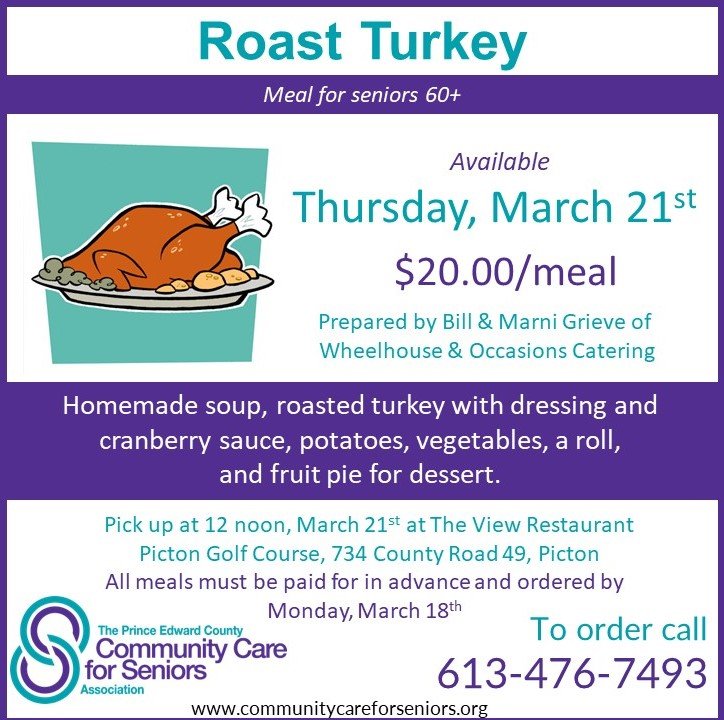Curbside pickup meal for seniors, March 21st, 2024 – pick up at The View Restaurant, Picton